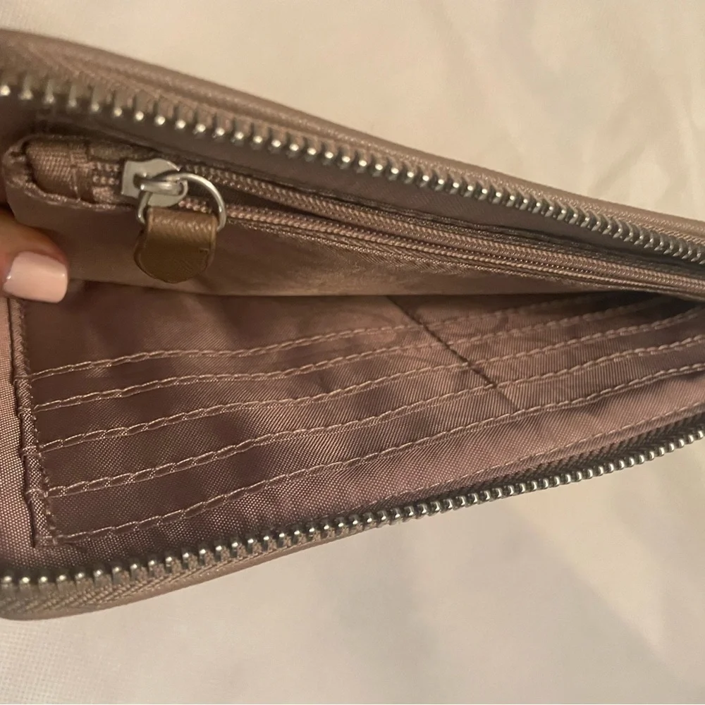 NWOT JOY Mangano Leather Wallet Wristlet With RFID Protection In Taupe